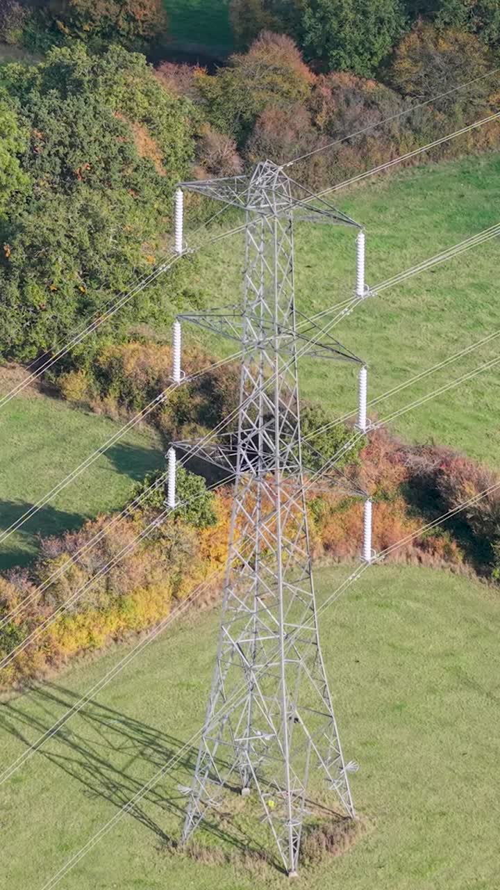 Vertical drone orbit around electricity pylon in Hertfordshire, UK. Long autumn shadows are cast over the trees and grass, highlighting the rural landscape and power infrastructure below
