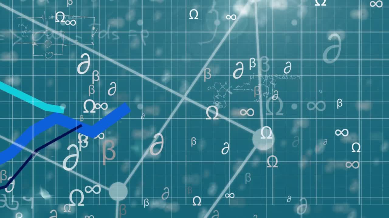 Animation of white mathematical symbols floating with a square made of connections and a graph over