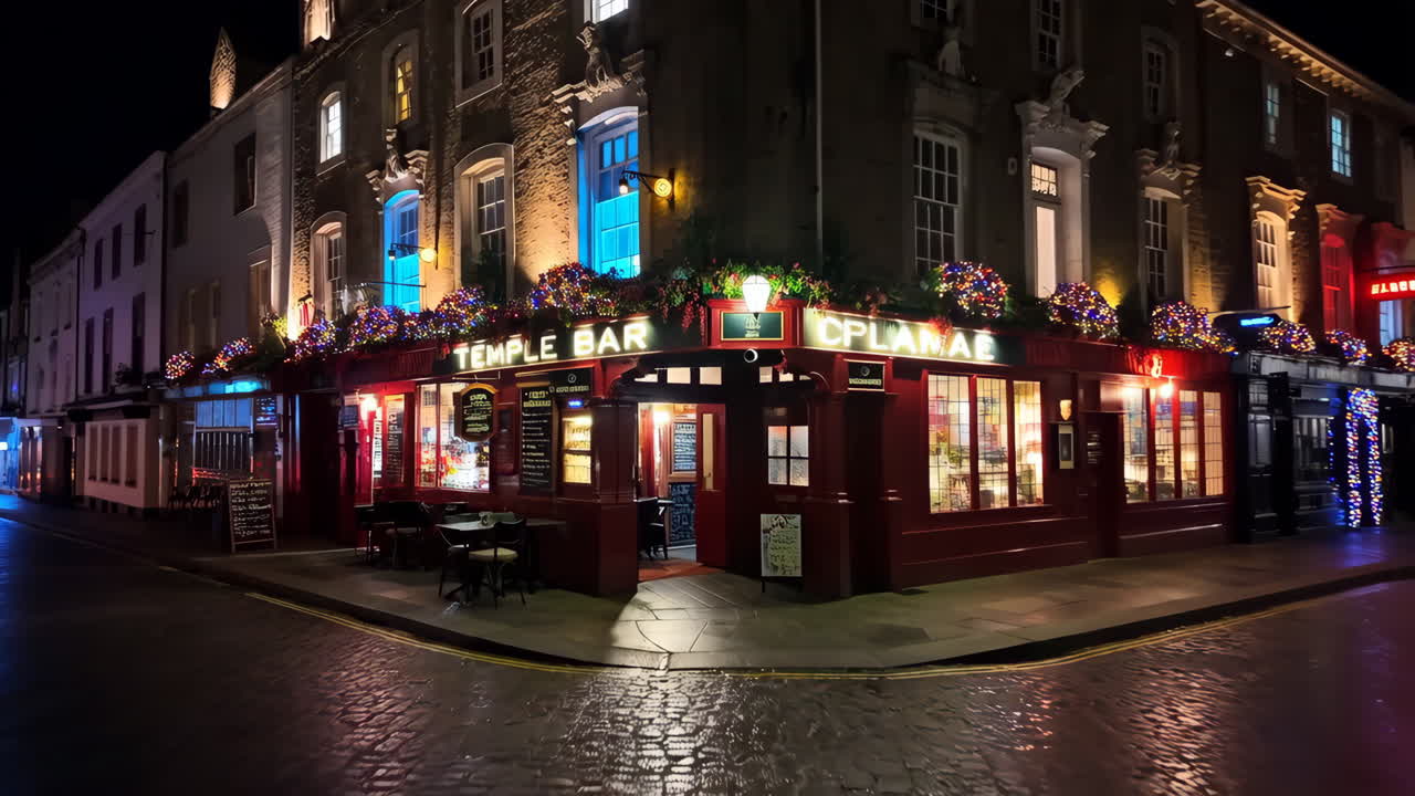 Temple Bar Pub Illuminated at Night on a Cobblestone Street in London