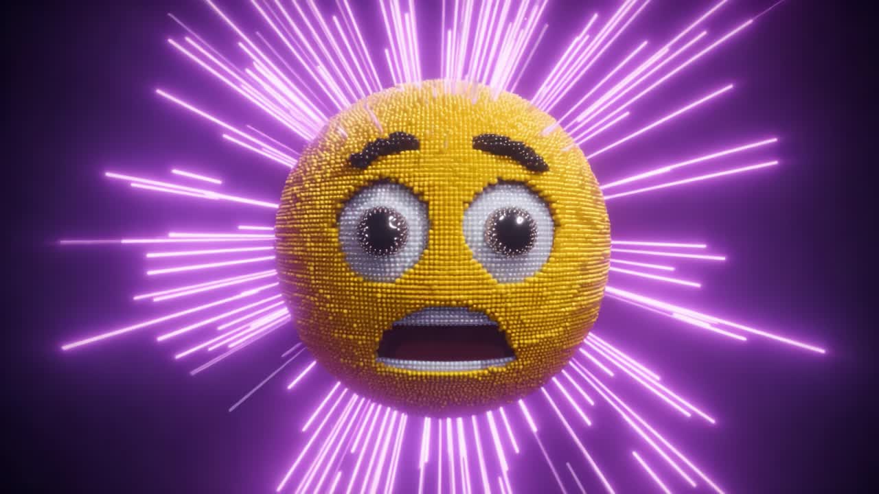A stunned emoji character bursts into a radiant explosion of light and color. Its expressive eyes reflect surprise amidst the vibrant purple rays surrounding it