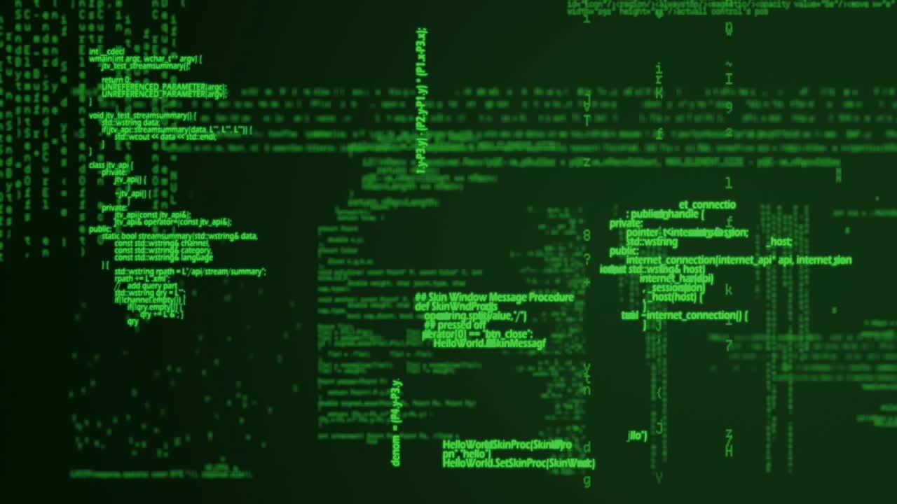 Code fragments flashing log rows scrolling with highlight bar shifting revealing server activity