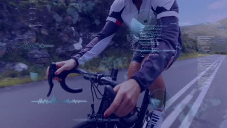 Cyclist-riding-on-road-with-data-analysis-animation-over-landscape-background