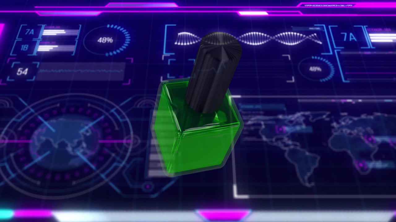 Animation of green cube and black cylinder on futuristic digital data interface