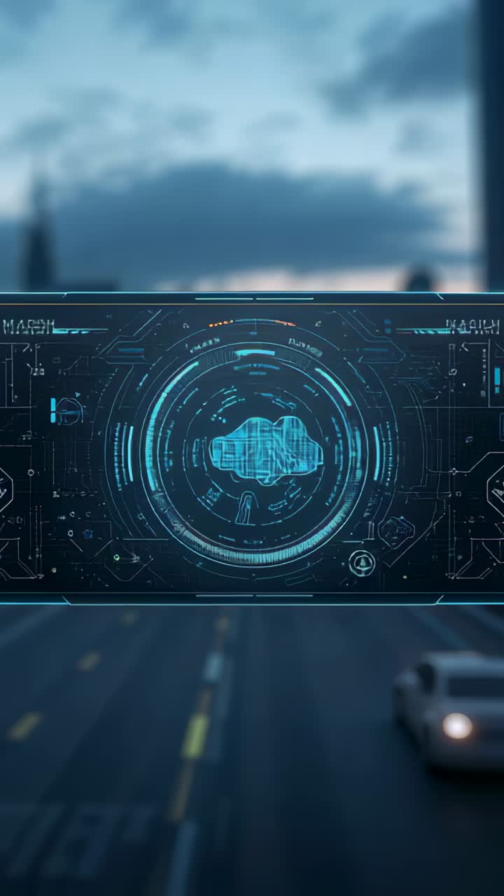 Video verticale: Mostra un HUD ciano che rimane centrato mentre i fotogrammi avanzano su una strada urbana come visualizzazione AR