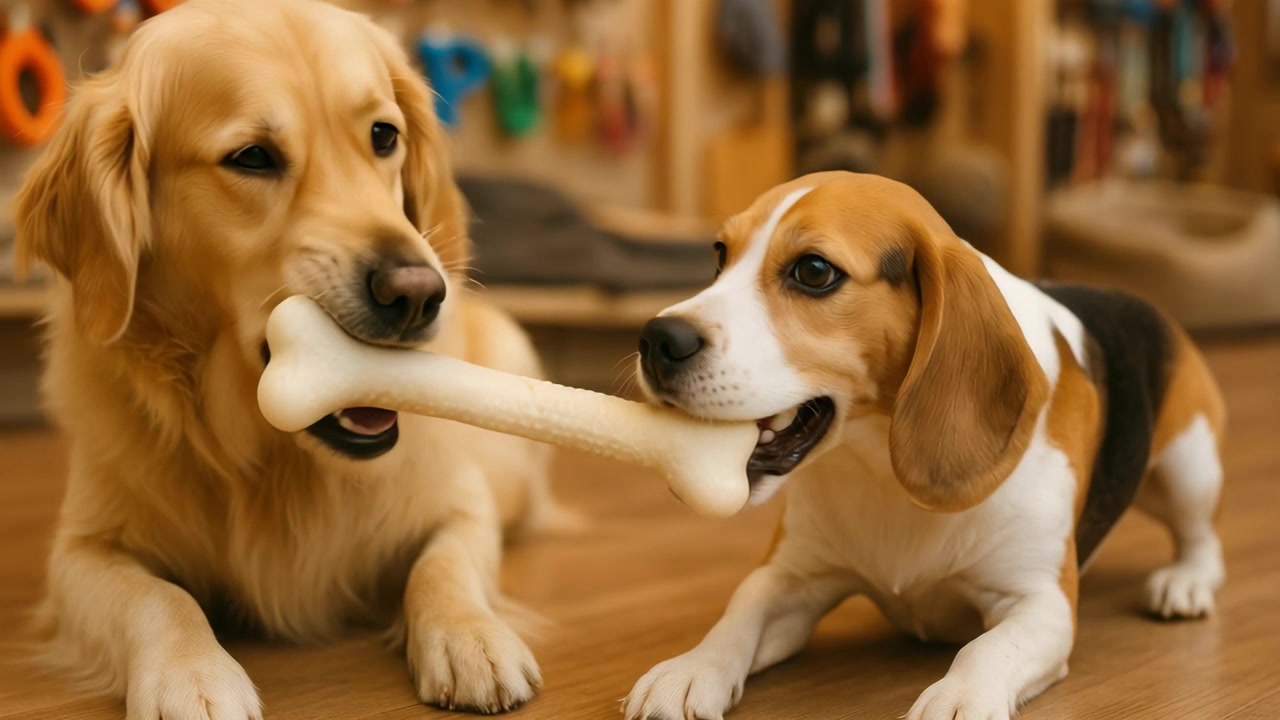 Cani Golden Retriever e Beagle che masticano un osso insieme