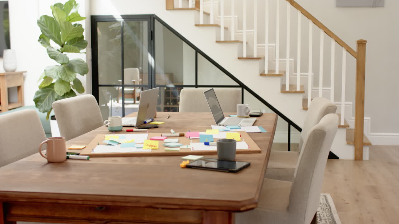 Working from home, laptops and tablets on table with sticky notes and coffee mugs