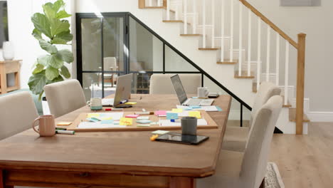 working from home, laptops and tablets on table with sticky notes and coffee mugs