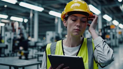 woman industrial worker inspecting machines with tablet