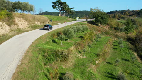 Aerial-view-of-a-black-car-driving-along-country-roads-lined-with-Olive-Trees