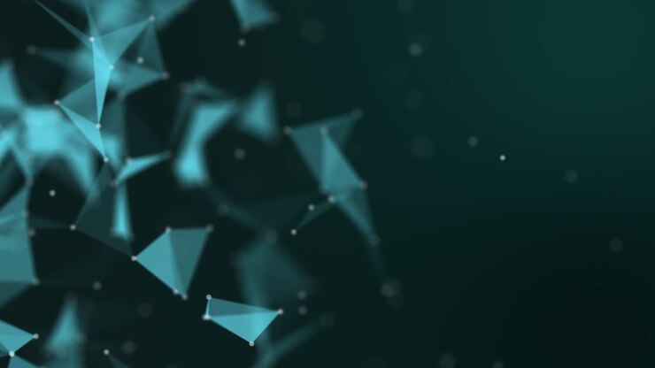 3D-animation af abstrakte lyseblå plexusformer på sort baggrund. Kontinuerligt bevægende prikker og trekanter. 60 FPS