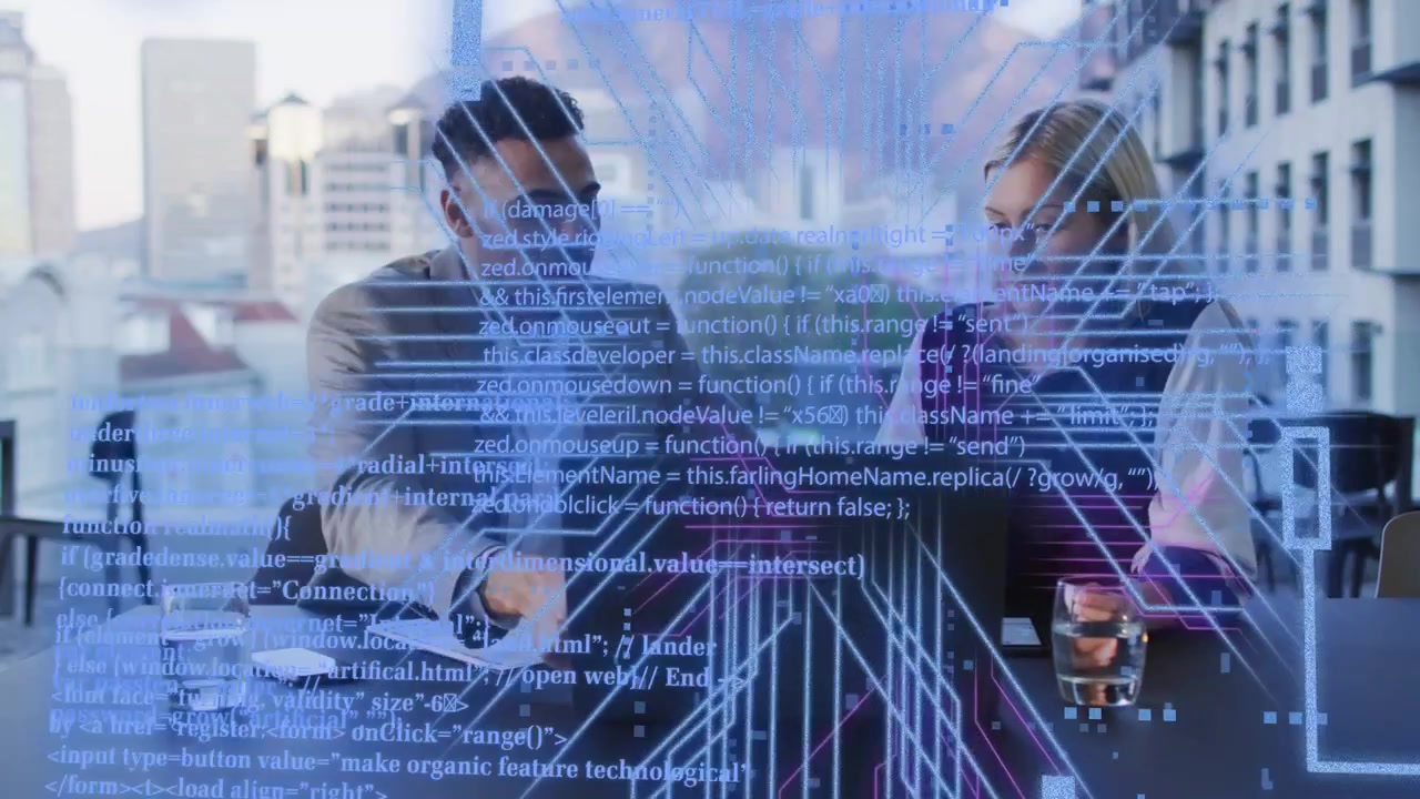 Man pointing at laptop while woman nodding, circuitry and code overlaying screen, closing tech deal