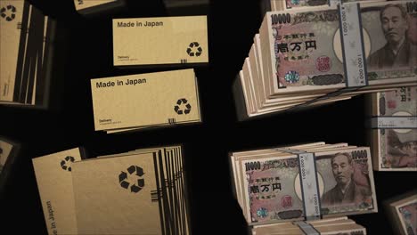 hecho en japón caja y yen paquete de dinero bucle animación 3d
