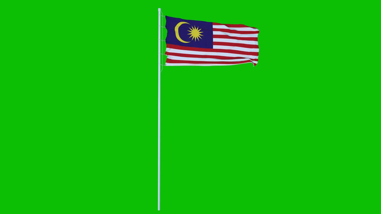 Bandiera della Malesia che sventola al vento su sfondo schermo verde o chroma key. Animazione 4K.
