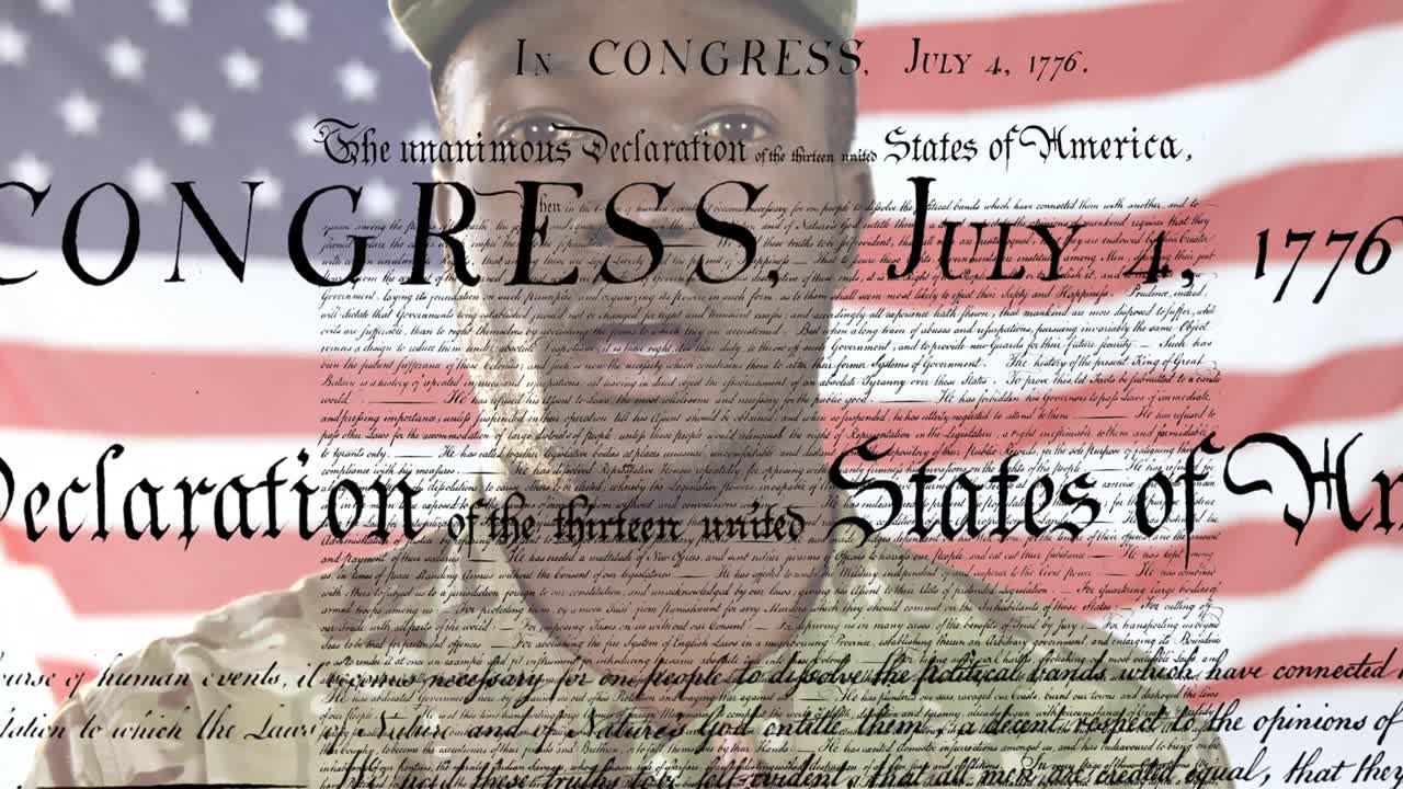 Animation of article text over african american soldier singing and flag of united states of america