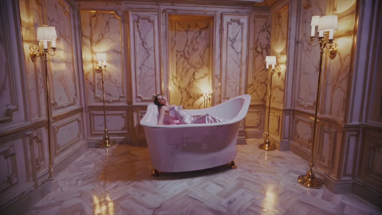 장미 꽃잎으로 가득 찬 고급스러운 욕조에 분홍색 사틴 드레스를 입은 여자