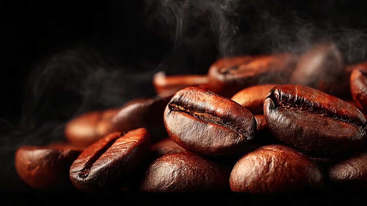 Fængslende nærbillede af friskristede kaffebønner, der fremviser deres rige tekstur og aromatiske essens, perfekt fanget i en mørk indstilling