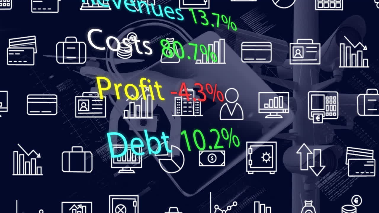 Animation of digital icons, padlock and data processing over computer servers