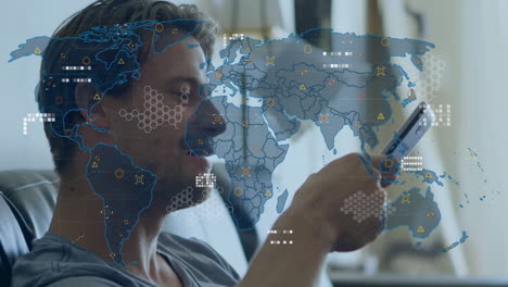 world map with data points animation over man using smartphone