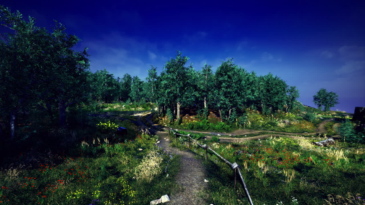 Lush green landscape with winding trails under a bright blue sky