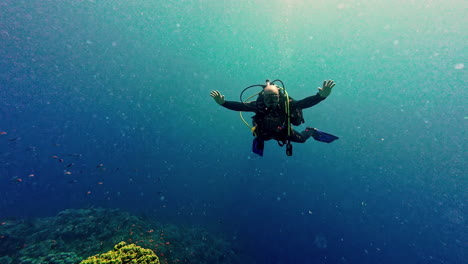 Diver-exploring-vibrant-underwater-scene-with-coral-reef-and-marine-life-in-clear-blue-water