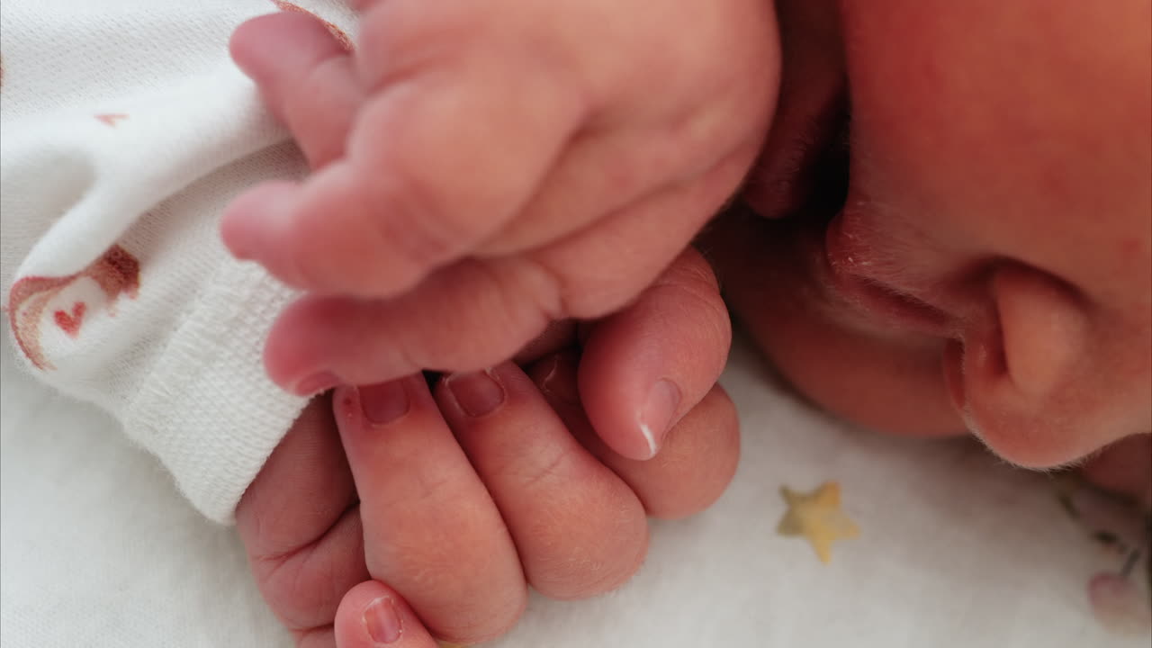 Close up of a newborn baby's tiny hand clenched in soft natural light while resting