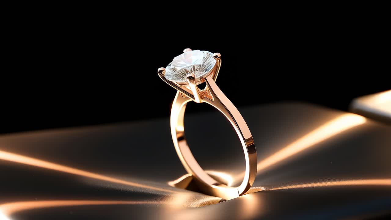 Nærbilde av en diamantring på en reflekterende overflate, som viser eleganse og luksus