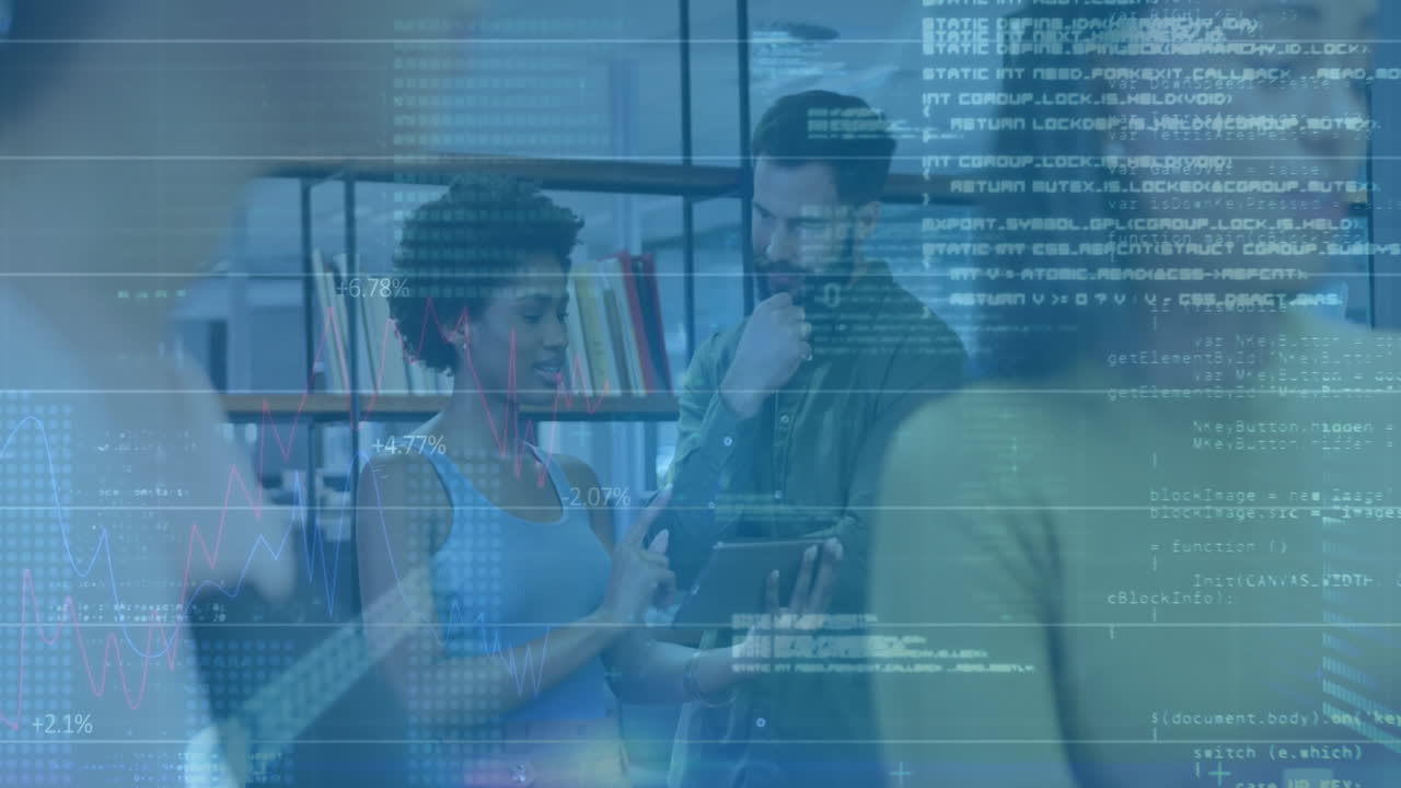 Animation of financial data processing over diverse business people in office