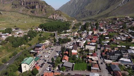 aerial view above stepantsminda, georgia on summer day