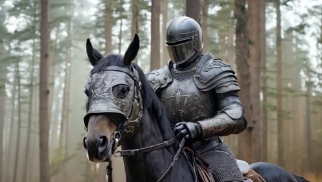 a man in armor riding on the back of a black horse