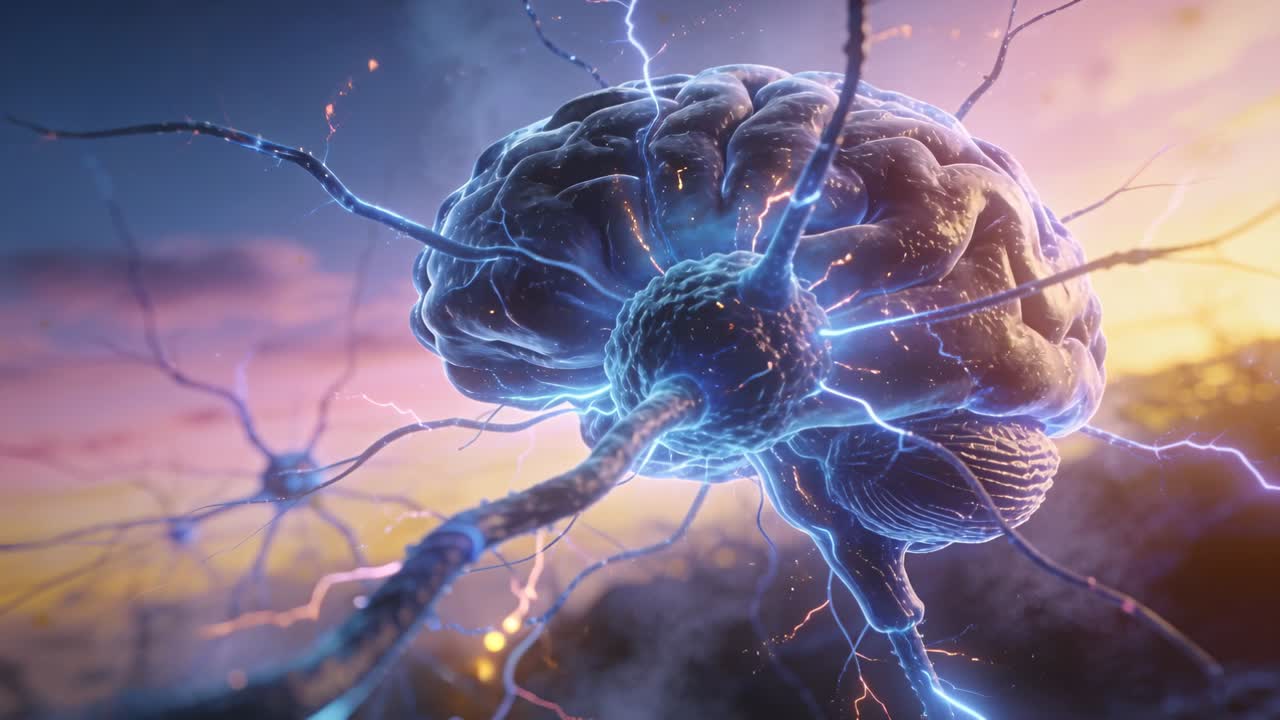 Pulsing central neuron soma reacting to initial pulse, sending blue arcs along branching neurites
