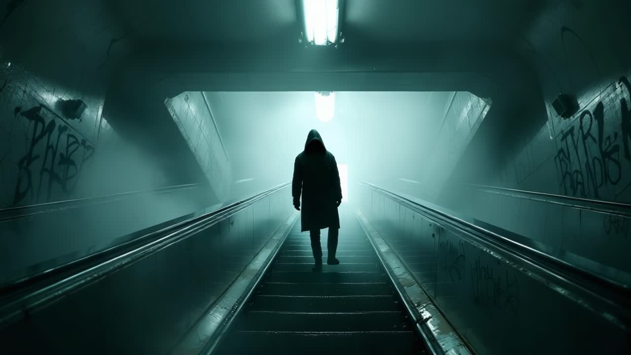Mysterious figure in dark coat descends foggy subway stairs illuminated by overhead lights