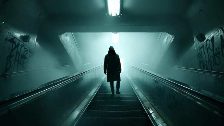 Mysterious figure in dark coat descends foggy subway stairs illuminated by overhead lights