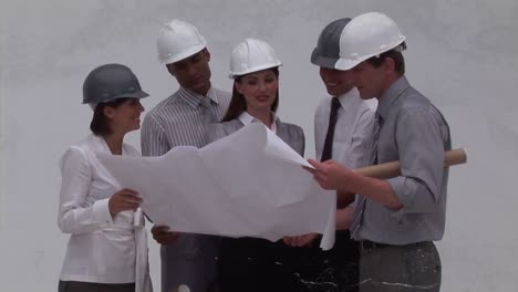 animation of diverse architects with plans over grey background