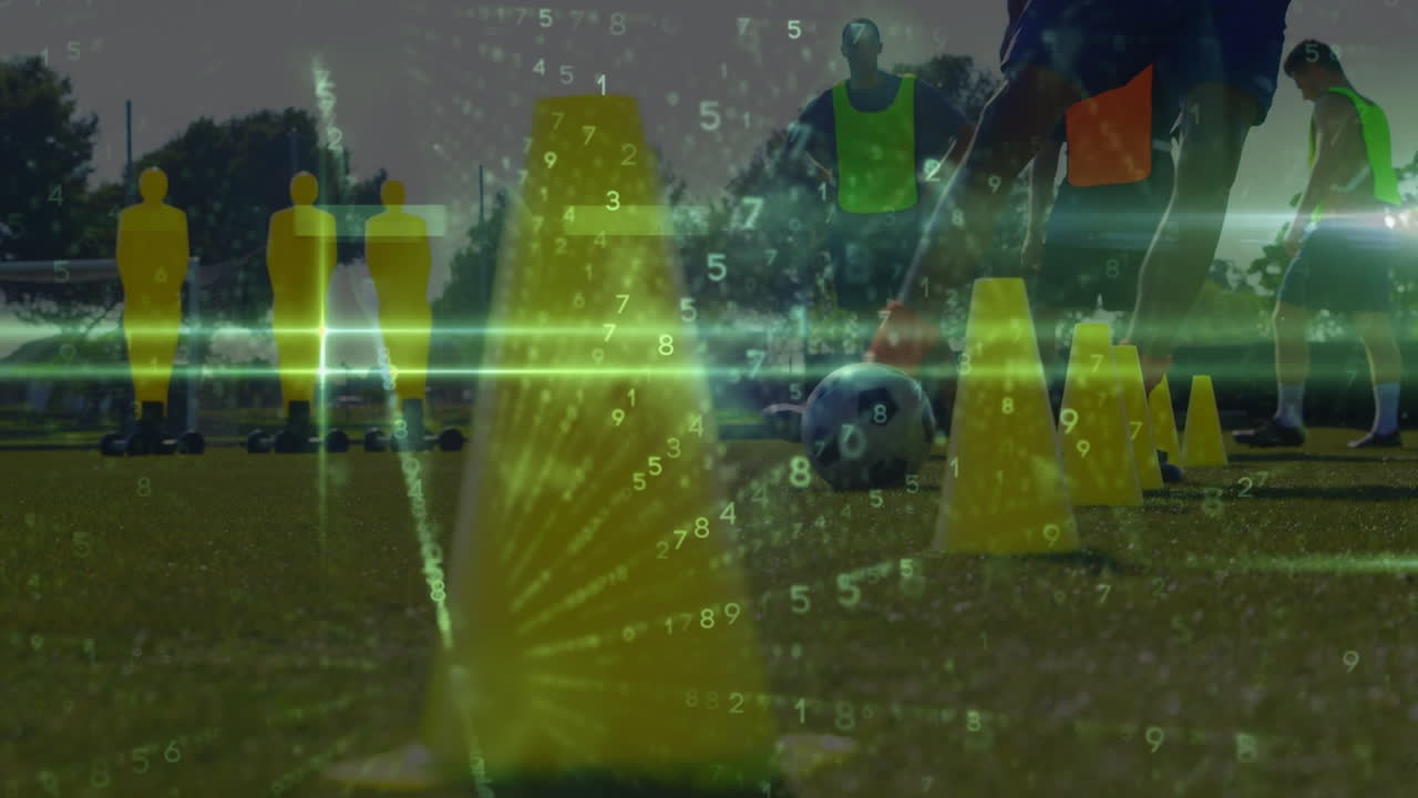 스타디움에서 연습하는 다양한 남성 축구 선수에 대한 데이터 처리 애니메이션