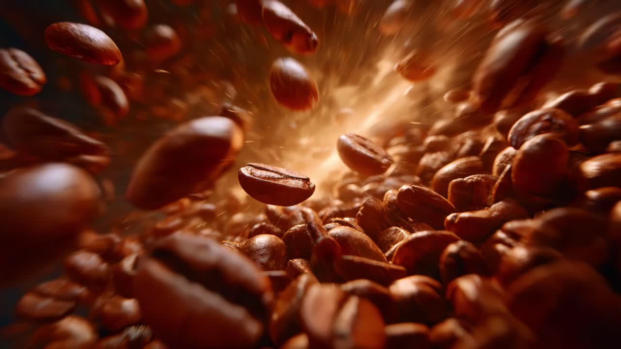 Esplosione dinamica di chicchi di caffè che cattura l'essenza di freschezza ed energia attraverso immagini vivide e contenuti visivi coinvolgenti per appassionati e amanti del caffè