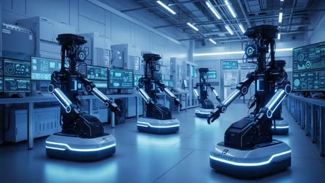 exploring advancements in robotics: a futuristic laboratory showcasing multiple robotic units equipped with advanced technology and interfaces designed for automation tasks