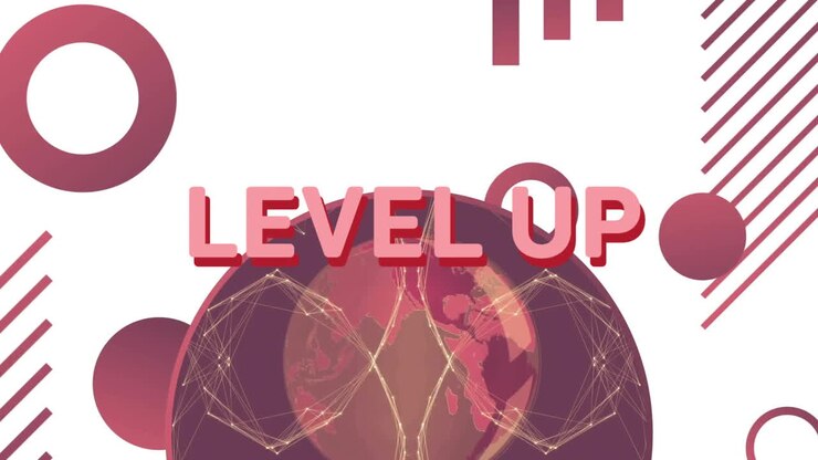 Level up text animation over abstract shapes and connected globe