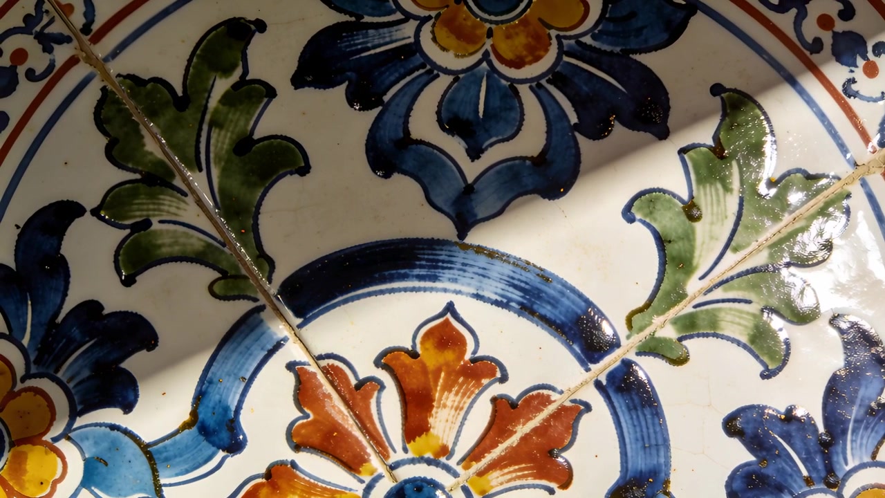 Luce solare mutevole e leggero movimento della telecamera che rivelano un riflesso su una piastrella da parete in ceramica smaltata con motivo floreale