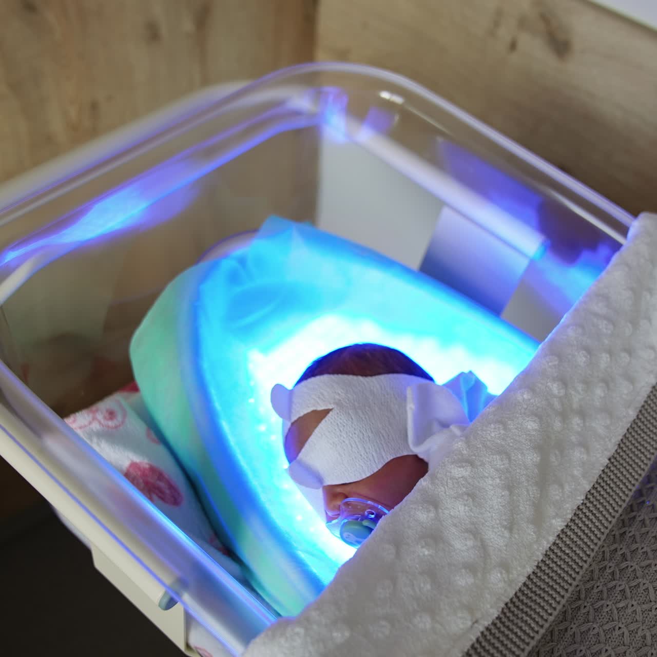 Little baby with mask on eyes and with pacifier in mouth lies in the crib. Newborn child undergoes the phototherapy against jaundice