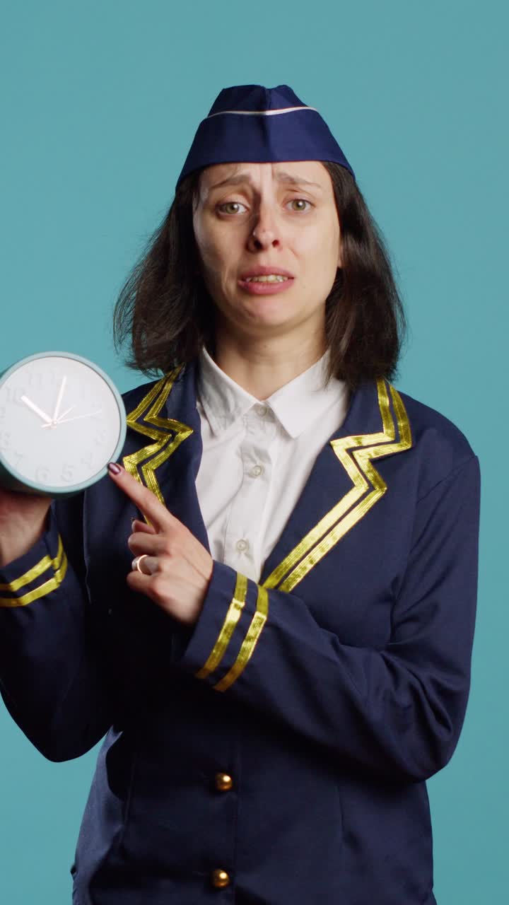 Video verticale: hostess stressata che controlla l'ora sull'orologio in studio