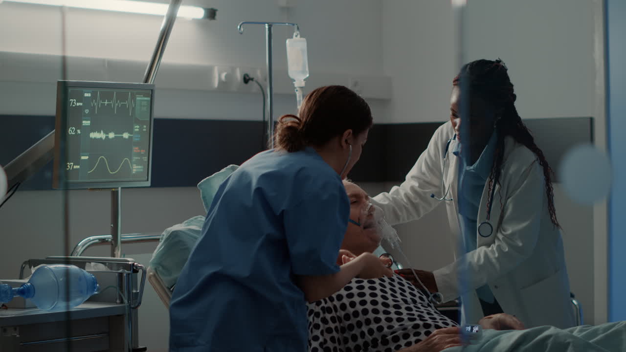 Elder patient breathing heavy in hospital ward bed