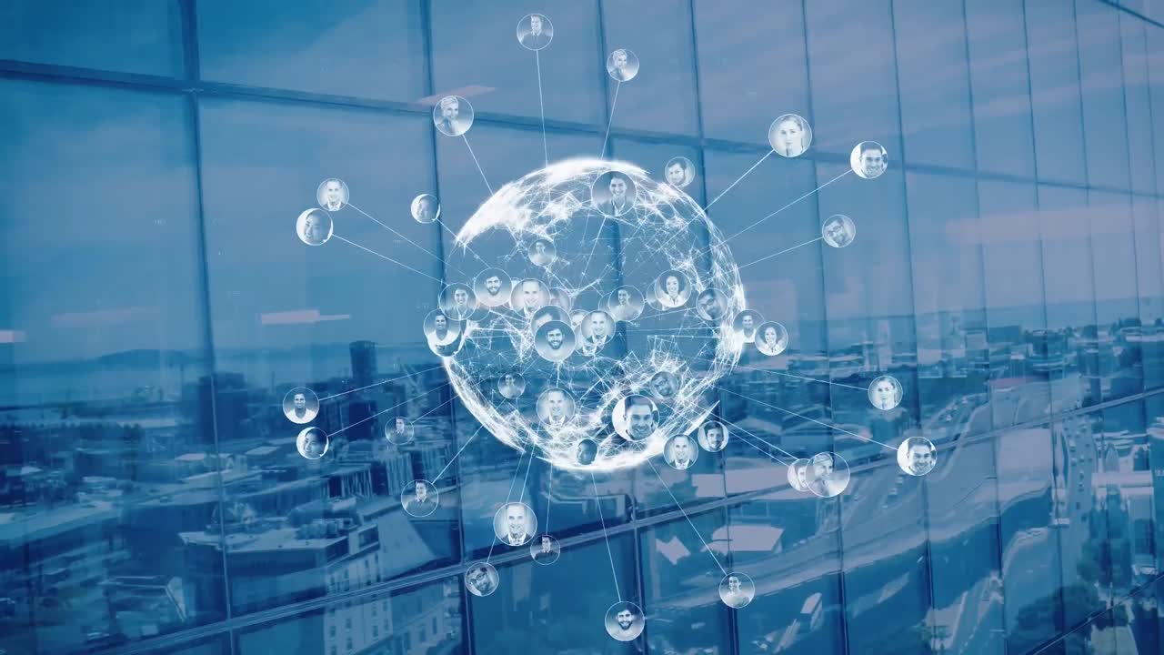 도시 풍경 배경 위의 연결 네트워크와 함께 지구의 애니메이션