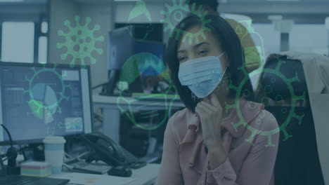 animation of pandemic icons with woman in office wearing face masks