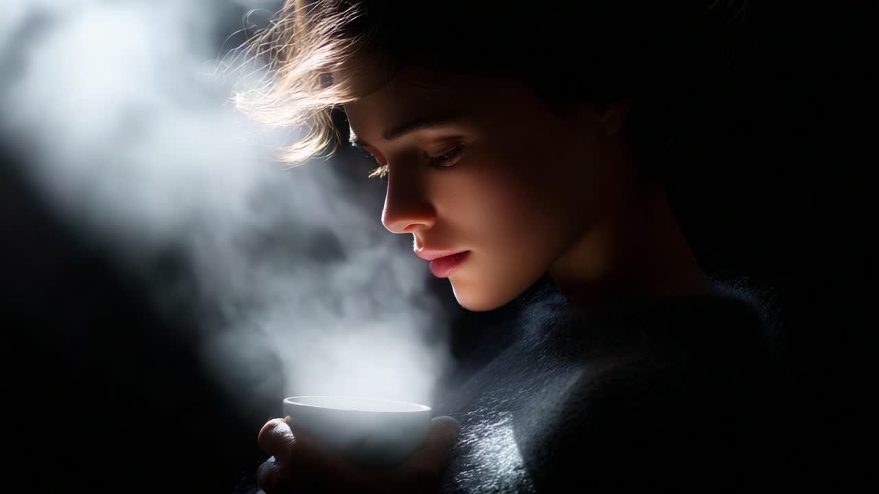 A contemplative young woman gazes intensely at a steaming cup, illuminated by soft light and surrounded by swirling vapor, evoking a sense of warmth and mystery in the dark