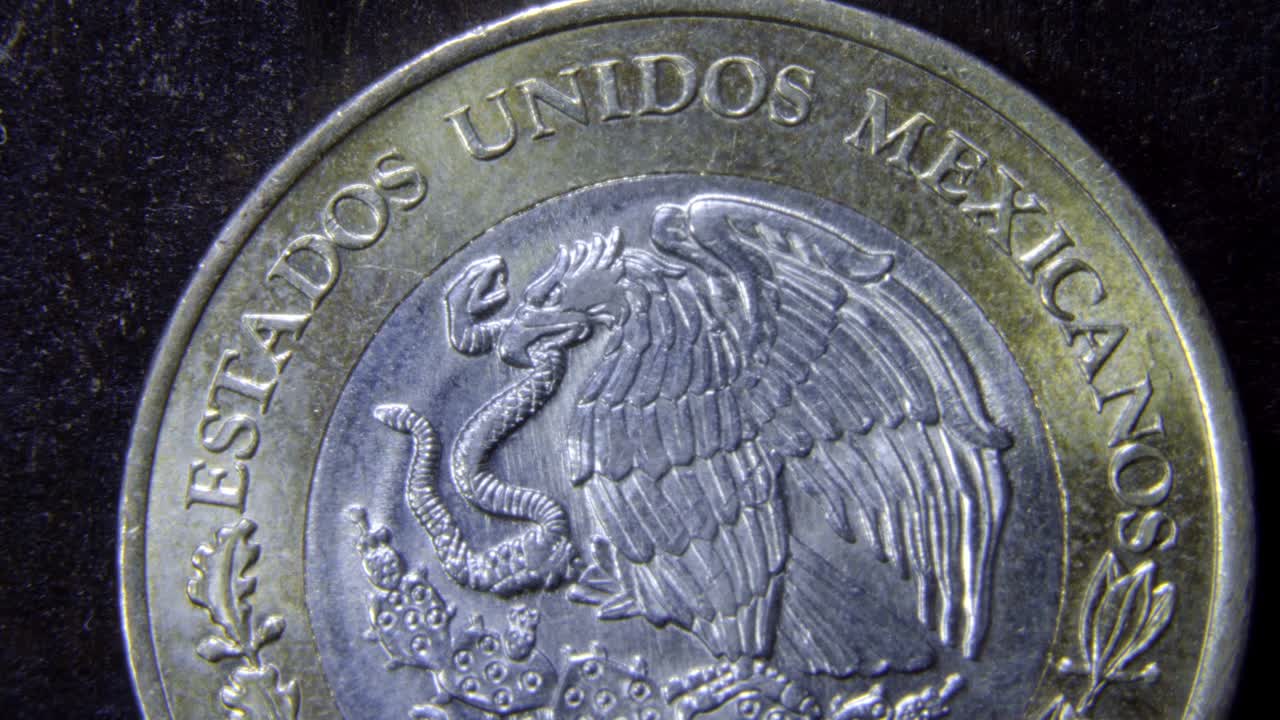 Macro Detail Mexican 10 Pesos Coin, Eagle and Snake Symbol
