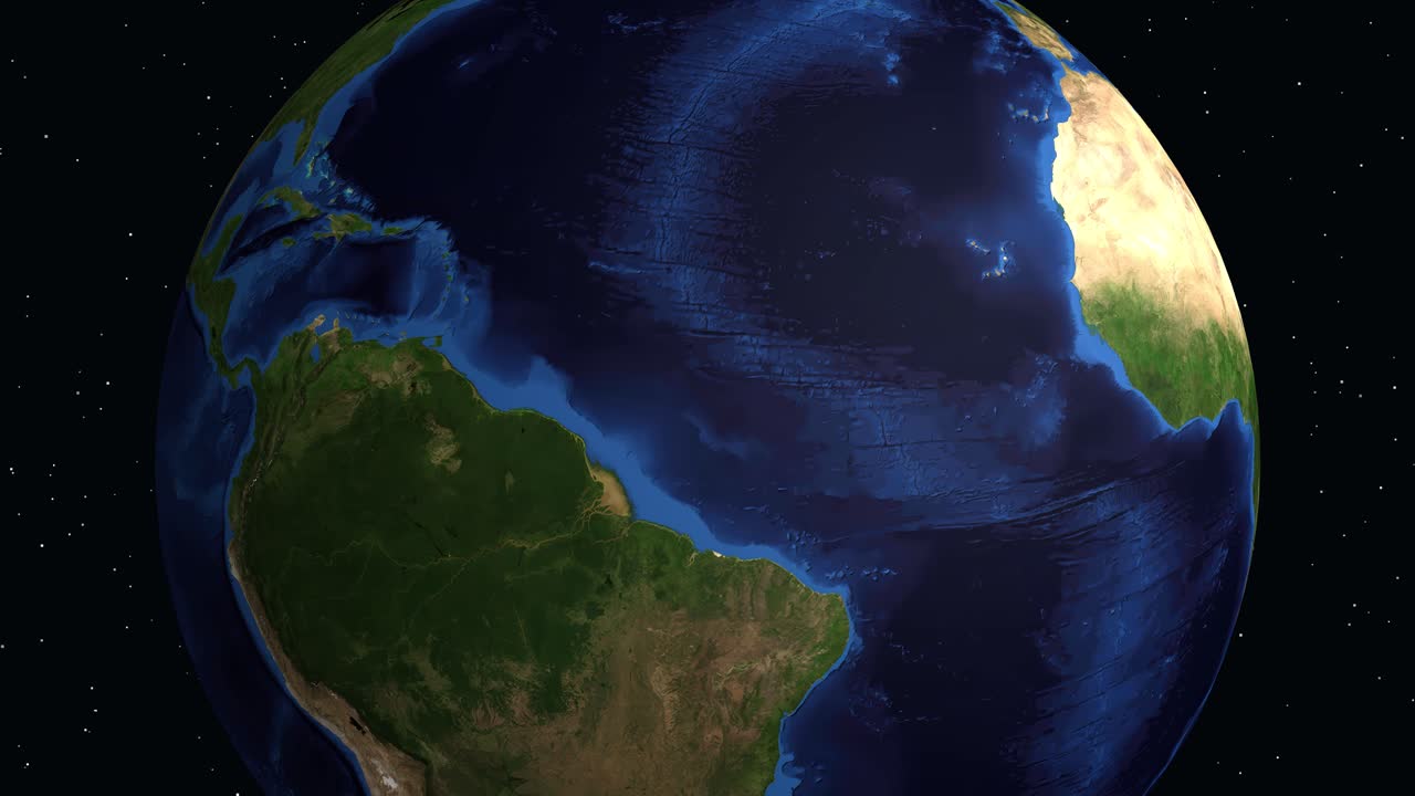 Un globo digitale ruota e zooma dallo spazio a Georgetown, Guyana, con sovrapposizione di dati di localizzazione
