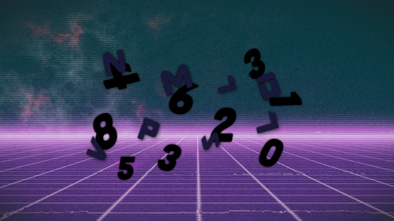 animación de letras, números y procesamiento de datos sobre un fondo oscuro