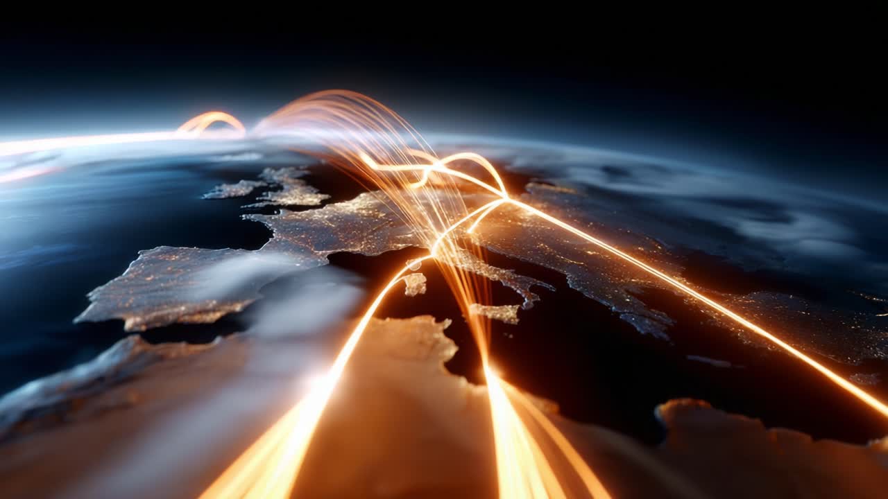 A Stunning Visual Representation of Global Connectivity: Illuminated Pathways Over Europe Showcasing Data Flow, Communication, and Technological Advancements Across the Globe
