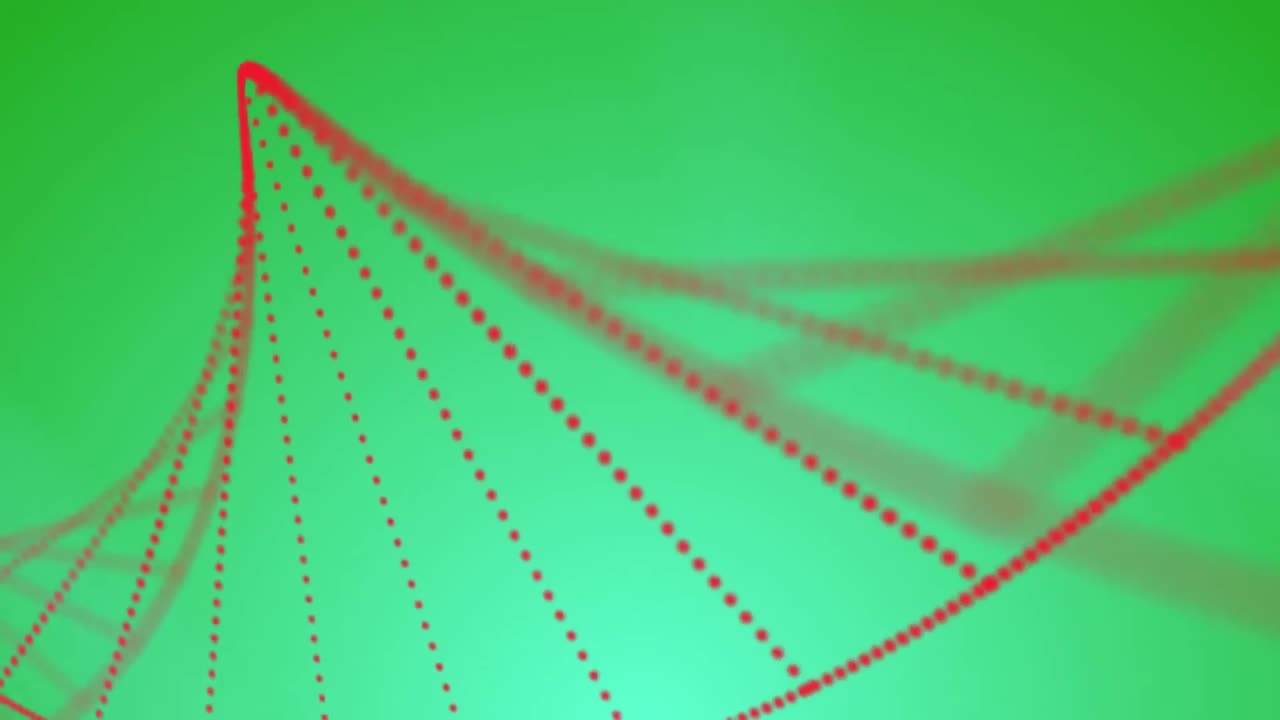 Animazione di particelle che formano una struttura a DNA su uno sfondo sfumato verde.