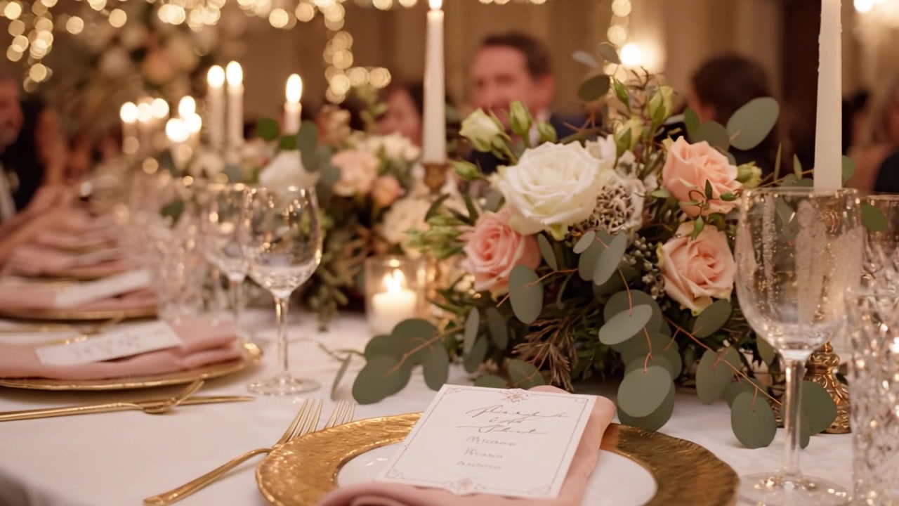 Uma Experiência de Jantar Elegante: Uma Mesa Lindamente Posta com Arranjos Florais, Taças Finas e Luz de Velas Criando uma Atmosfera Acolhedora para os Convidados